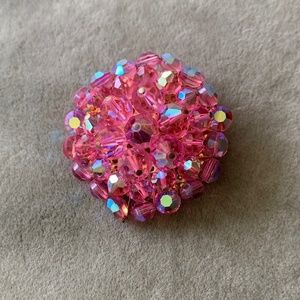 Vintage Hot Pink Aurora Borealis Round Crystal Lapel Pin